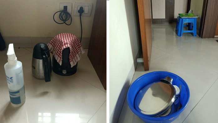 ঘরের মধ্যে প্রয়োজনীয় জিনিস রেখে দিতে হবে। দরজার বাইরে নির্দিষ্ট জায়গায় খাবার দেবেন কেয়ারগিভার। ছবি: প্রতিবেদকের