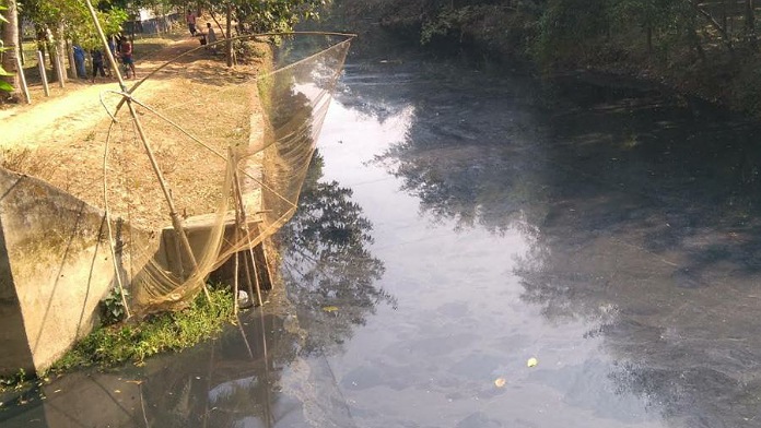 সেনারবাদি খাল এবং কালিকাপুর গ্রামের জাজি নদী দিয়ে ওপারের আগরতলা শহর থেকে নেমে আসে ওই দূষিত পানি। ছবি: মাসুক হৃদয়